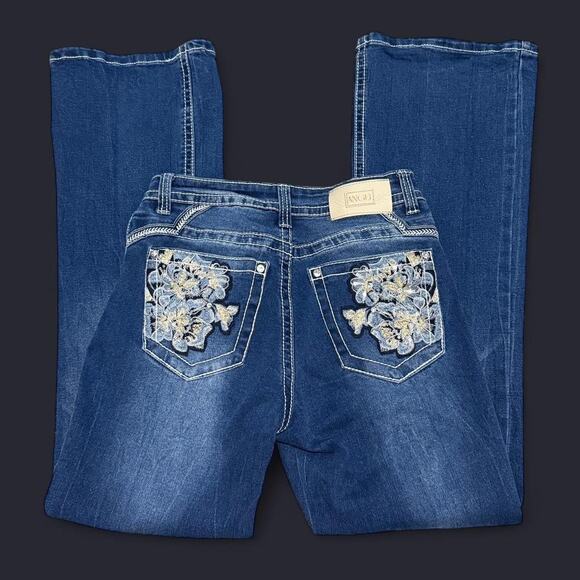 Y2K Angel Dark Washed Denim Floral Embroidered Rhinestone Mid Rise Flare Jeans 5 - Picture 1 of 8